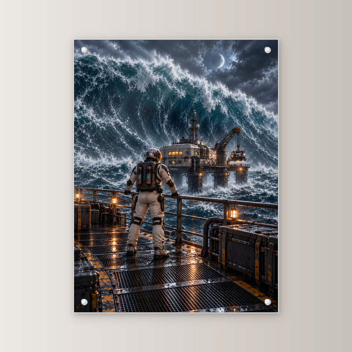 Die schwarze Welle – Astronaut auf einer Plattform vor einer riesigen Ozeanwelle, auf Acrylglas mit vier Abstandshaltern, gerade von vorn an heller Wand