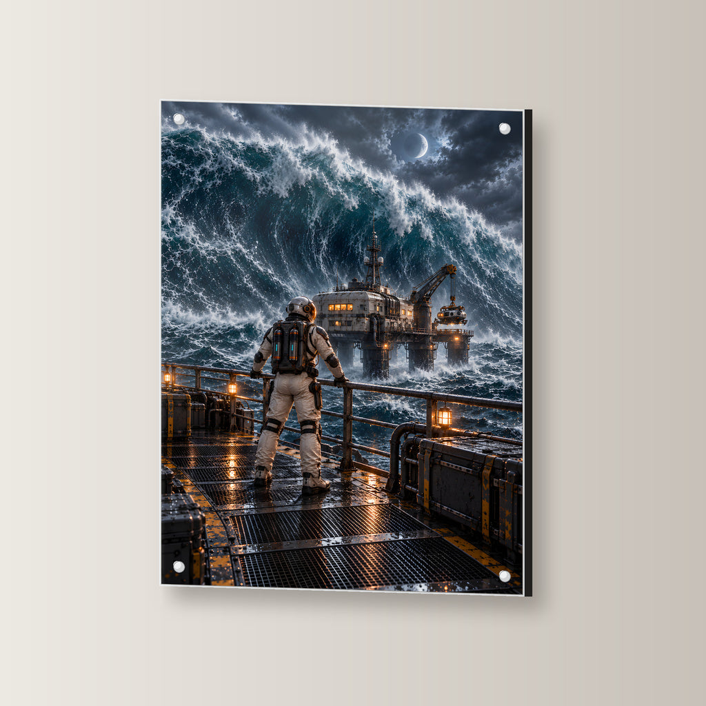 Die schwarze Welle – Astronaut auf einer Plattform vor einer riesigen Ozeanwelle, auf Acrylglas mit vier Abstandshaltern, leicht gedreht an der Wand