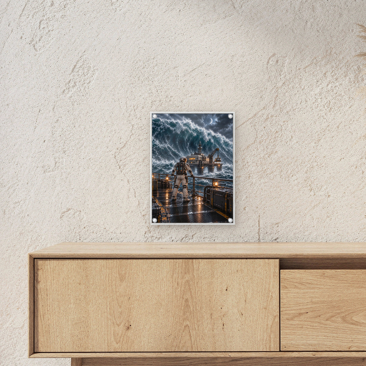 Die schwarze Welle – Astronaut auf einer Plattform vor einer riesigen Ozeanwelle, auf Acrylglas mit vier Abstandshaltern, über einem Sideboard, Größenansicht im Raum