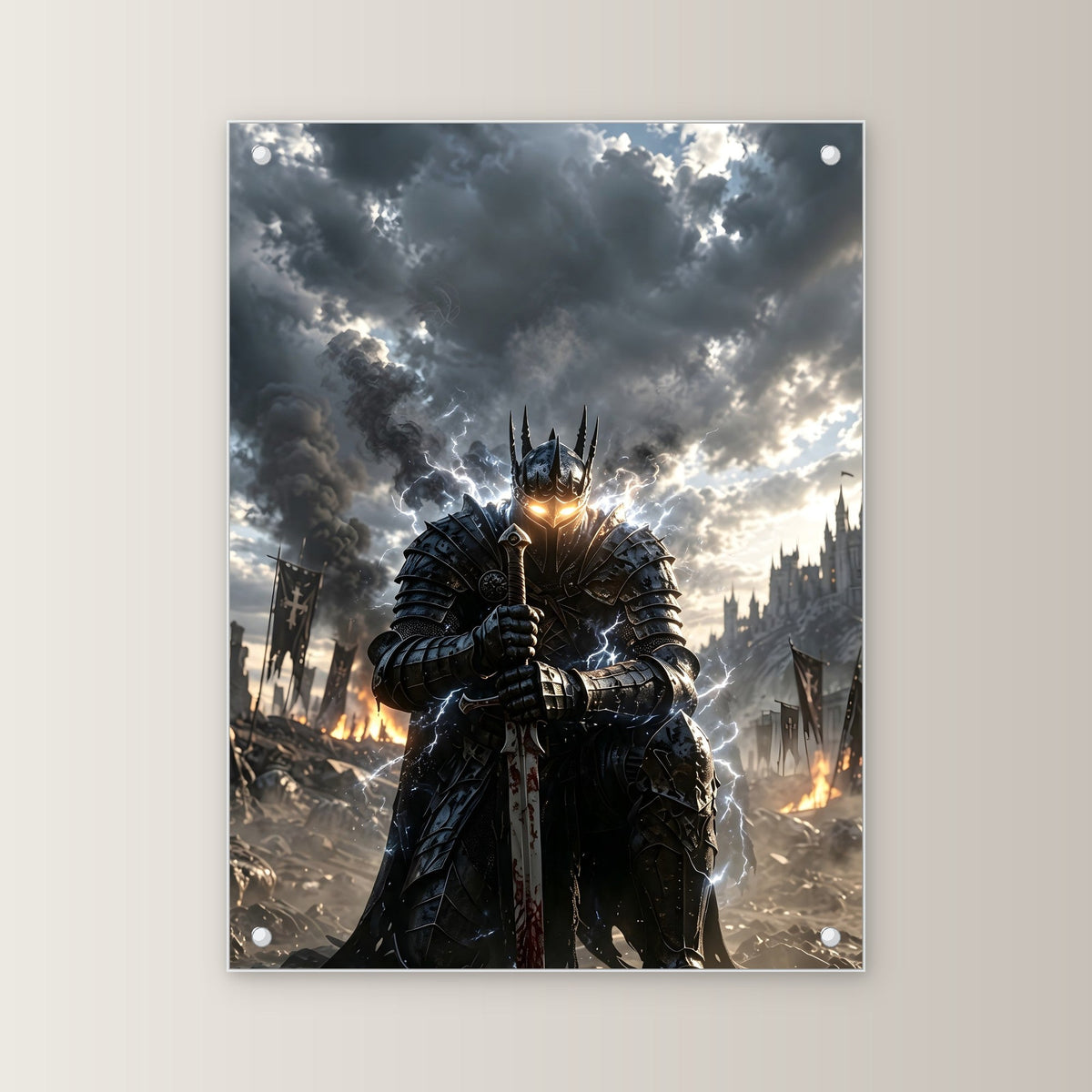 Der Sturmwächter – Knieender Ritter mit glühenden Augen im Gewitter, auf Acrylglas mit Abstandshaltern, von vorn an heller Wand