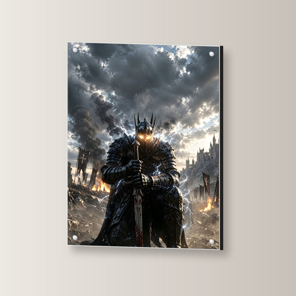 Der Sturmwächter – Knieender Ritter mit glühenden Augen im Gewitter, auf Acrylglas mit Abstandshaltern, leicht gedreht an der Wand