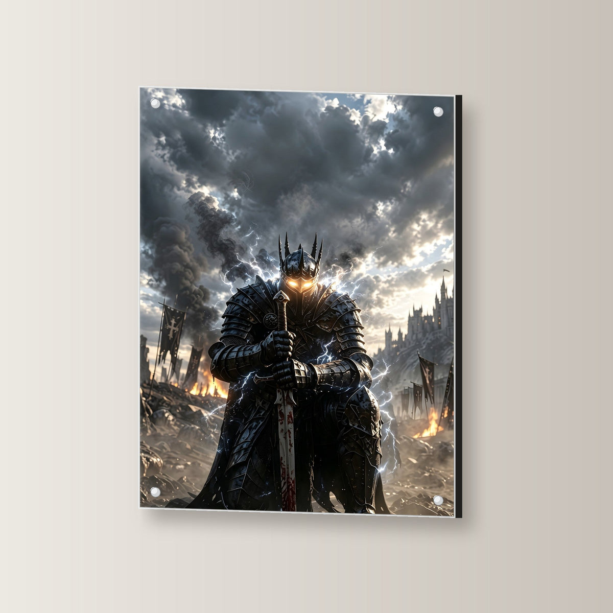 Der Sturmwächter – Knieender Ritter mit glühenden Augen im Gewitter, auf Acrylglas mit Abstandshaltern, leicht gedreht an der Wand