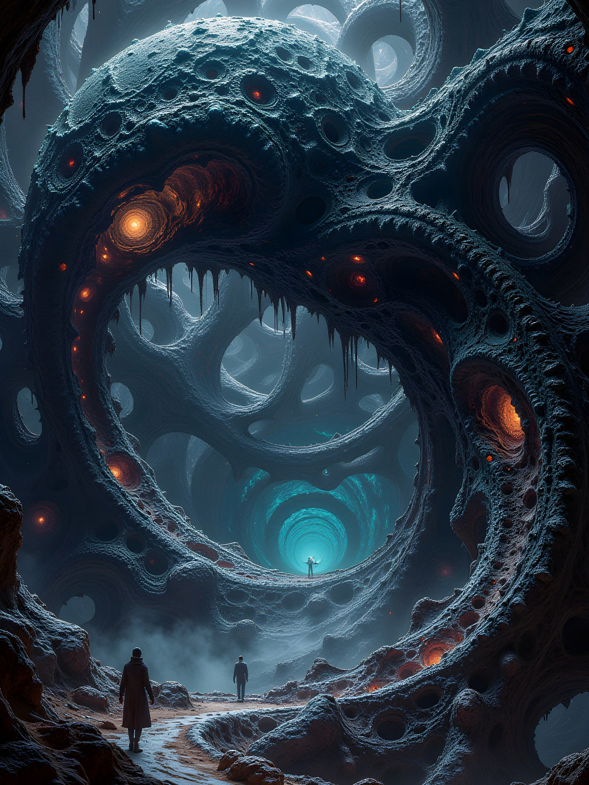 Das Tor der Tiefe — blaues Tor im Fels, eine Gestalt davor