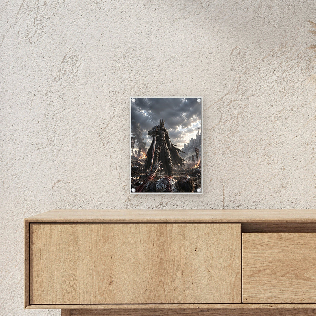 Über den Gefallenen – Dunkler König mit Schwert über einem gefallenen Ritter, auf Acrylglas mit Abstandshaltern, über einem Sideboard