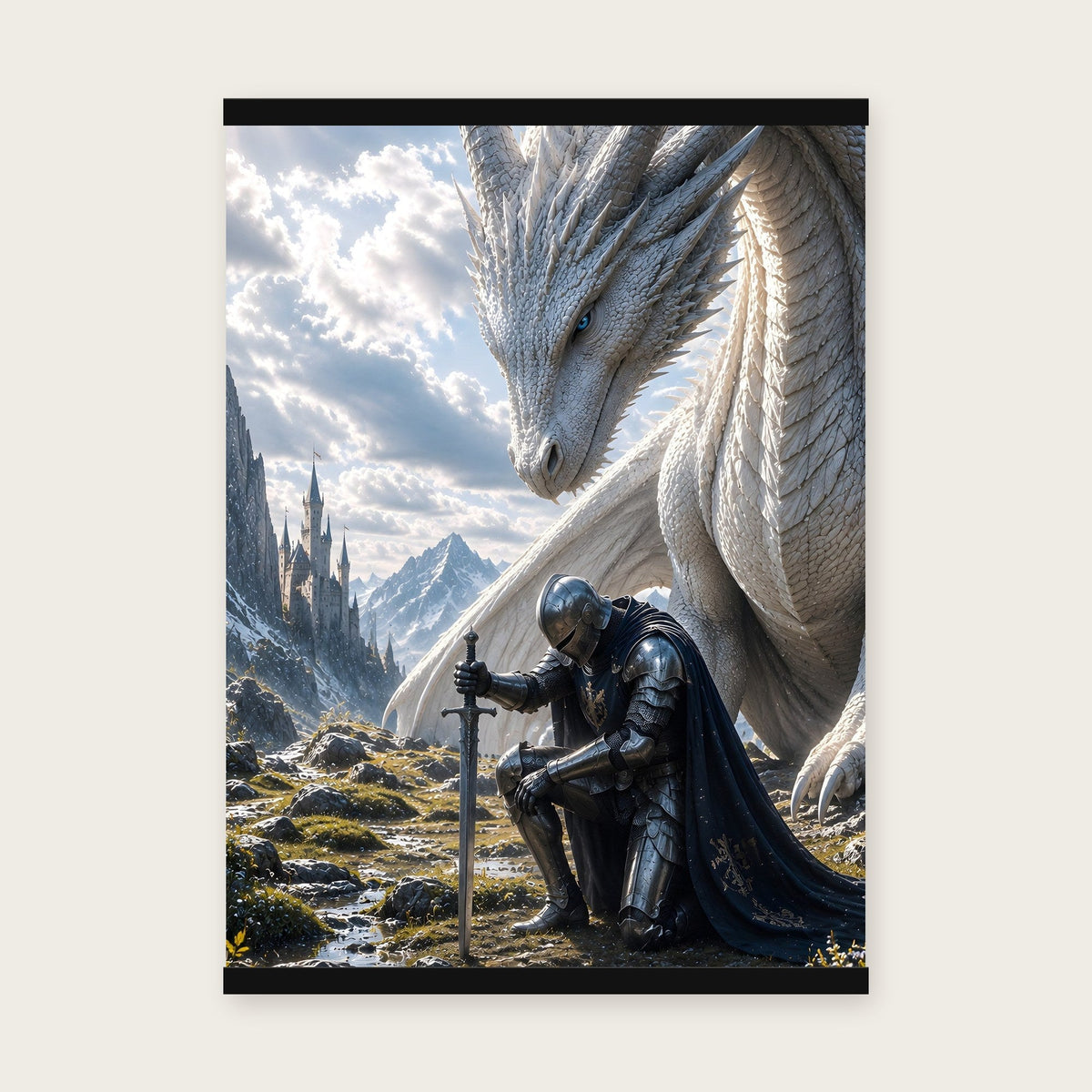 Unter weißen Schwingen – Poster mit schwarzer Holzleiste, 50×70 cm