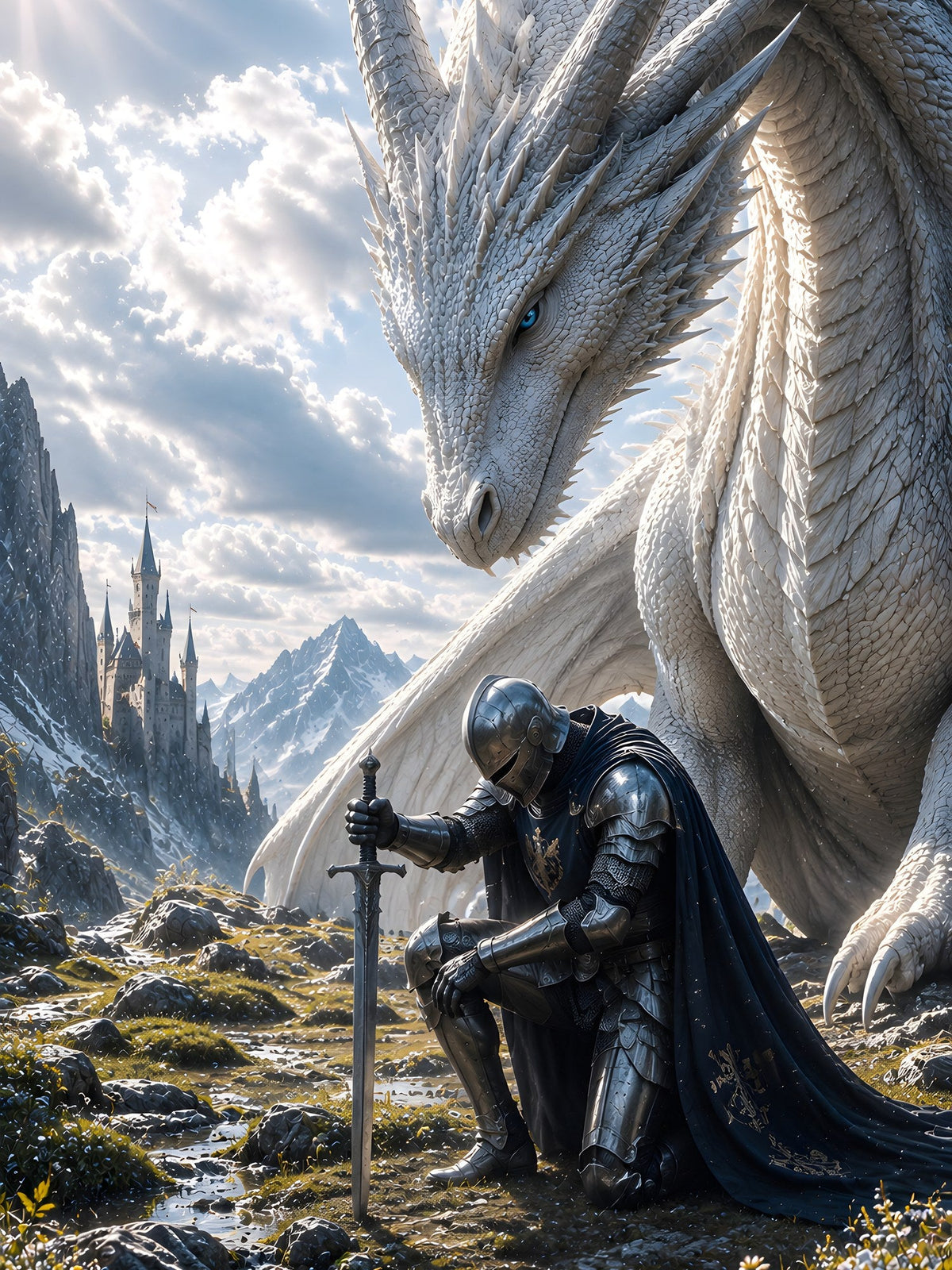 Unter weißen Schwingen — Ritter kniet vor dem weißen Drachen