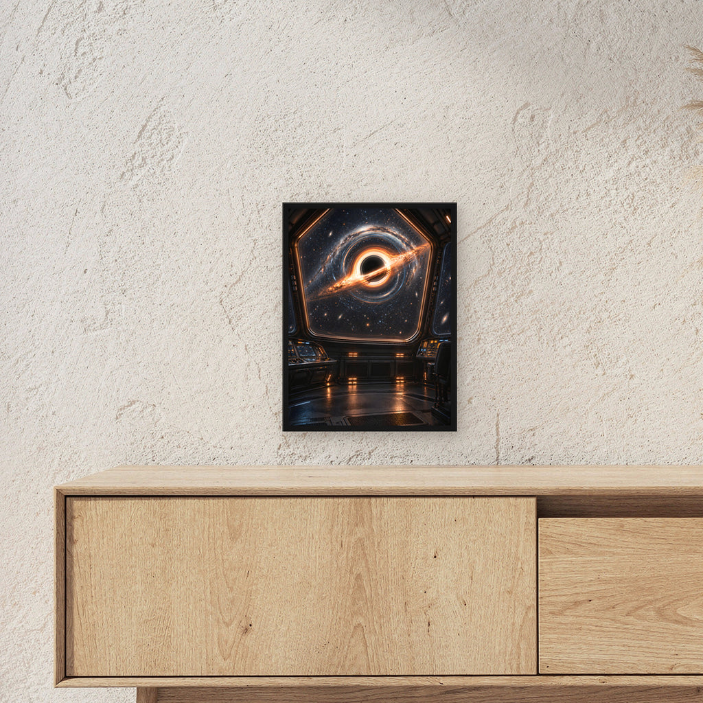 Vor dem Abgrund – Schwarzes Loch hinter einem großen Raumschifffenster, im schwarzen Holzrahmen, über einem Sideboard, Größenansicht im Raum