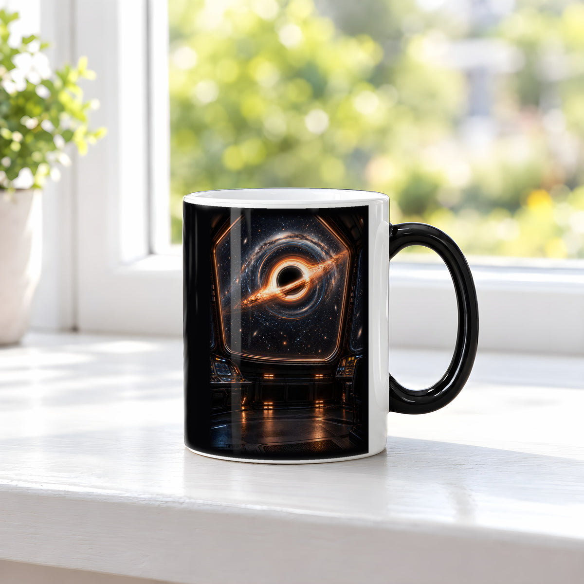 Vor dem Abgrund – Schwarzes Loch hinter einem großen Raumschifffenster, Black Edition (Zaubertasse), auf einer Fensterbank