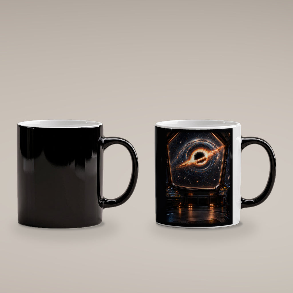 Vor dem Abgrund – Schwarzes Loch hinter einem großen Raumschifffenster, Black Edition (Zaubertasse), kalt schwarz und heiß mit Motiv