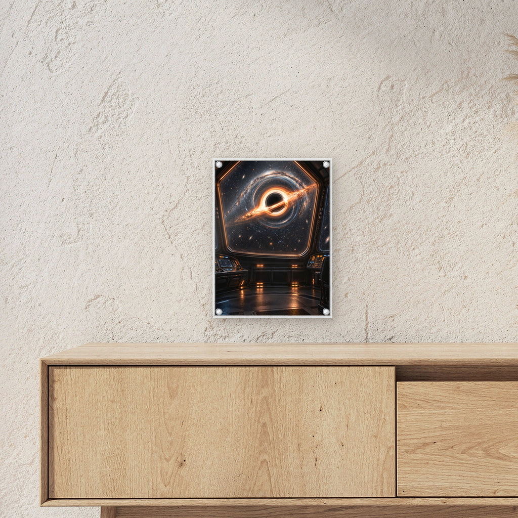 Vor dem Abgrund – Schwarzes Loch hinter einem großen Raumschifffenster, auf Acrylglas mit vier Abstandshaltern, über einem Sideboard, Größenansicht im Raum