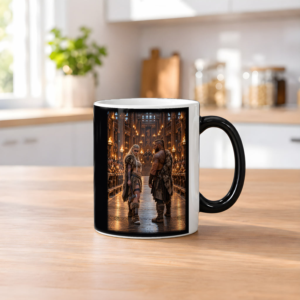 Vor dem Thron – Wikingerpaar im Thronsaal, Black Edition (Zaubertasse), auf einem Küchentresen