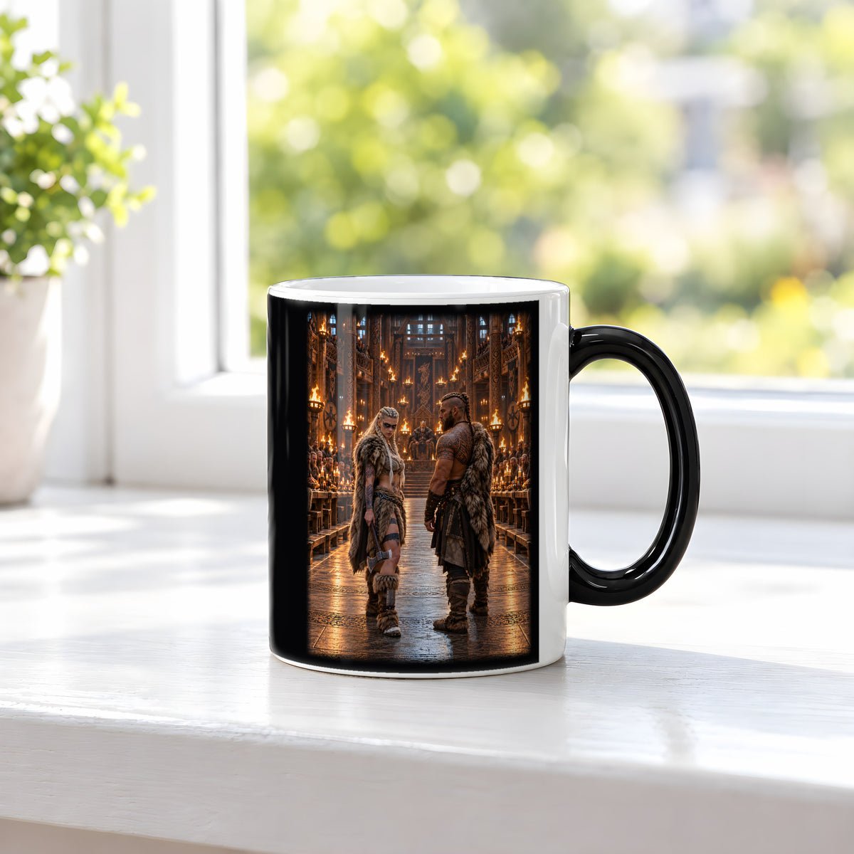 Vor dem Thron – Wikingerpaar im Thronsaal, Black Edition (Zaubertasse), auf einer Fensterbank