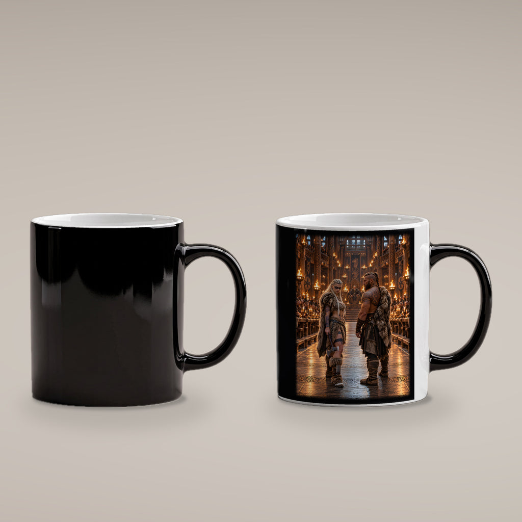 Vor dem Thron – Wikingerpaar im Thronsaal, Black Edition (Zaubertasse), kalt schwarz und heiß mit sichtbarem Motiv