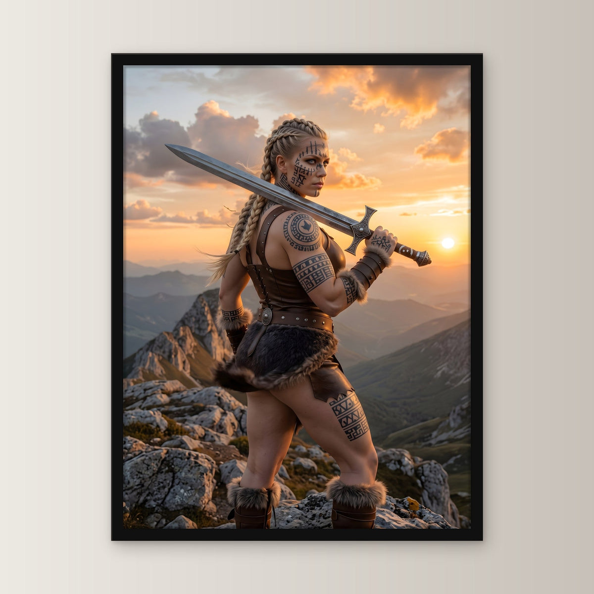 Wacht am Grat – Schildmaid mit Schwert auf dem Bergkamm im Sonnenuntergang, im schwarzen Holzrahmen, gerade von vorn an heller Wand