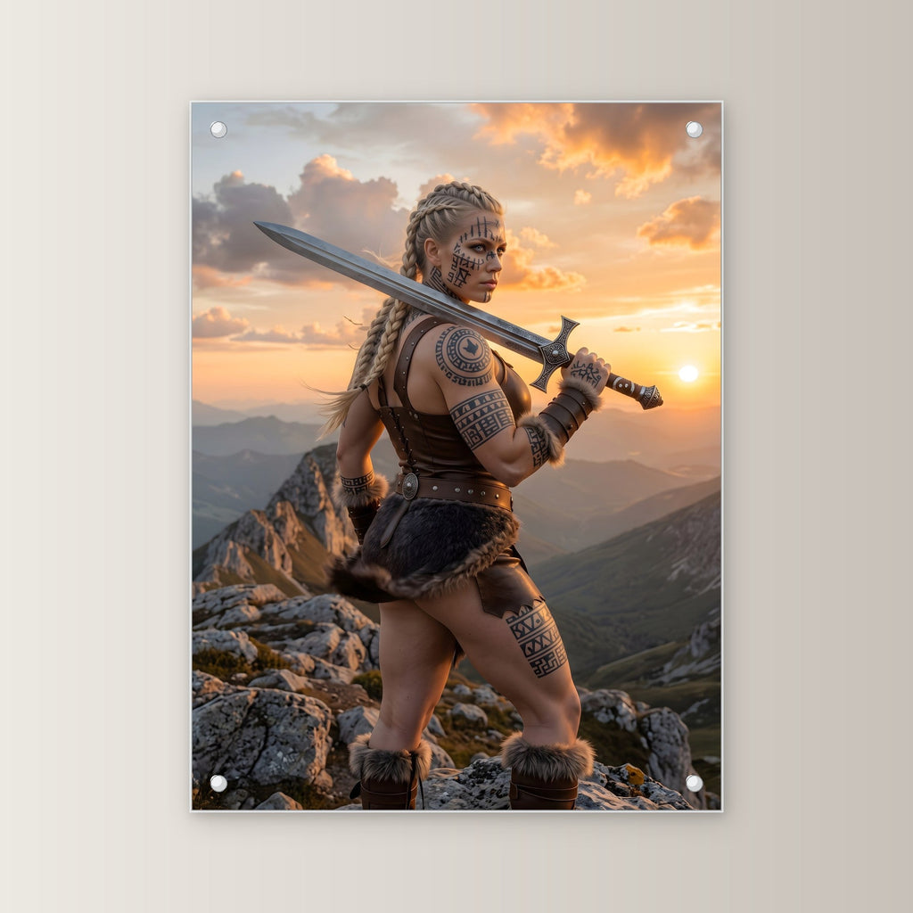 Wacht am Grat – Schildmaid mit Schwert auf dem Bergkamm im Sonnenuntergang, auf Acrylglas mit Edelstahl-Abstandshaltern, gerade von vorn an heller Wand