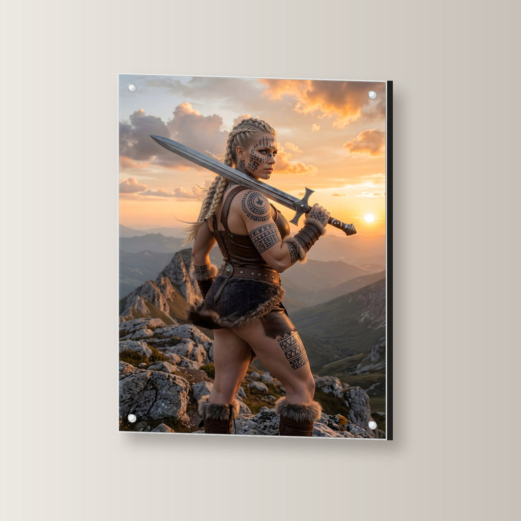 Wacht am Grat – Schildmaid mit Schwert auf dem Bergkamm im Sonnenuntergang, auf Acrylglas mit Edelstahl-Abstandshaltern, leicht gedreht an der Wand