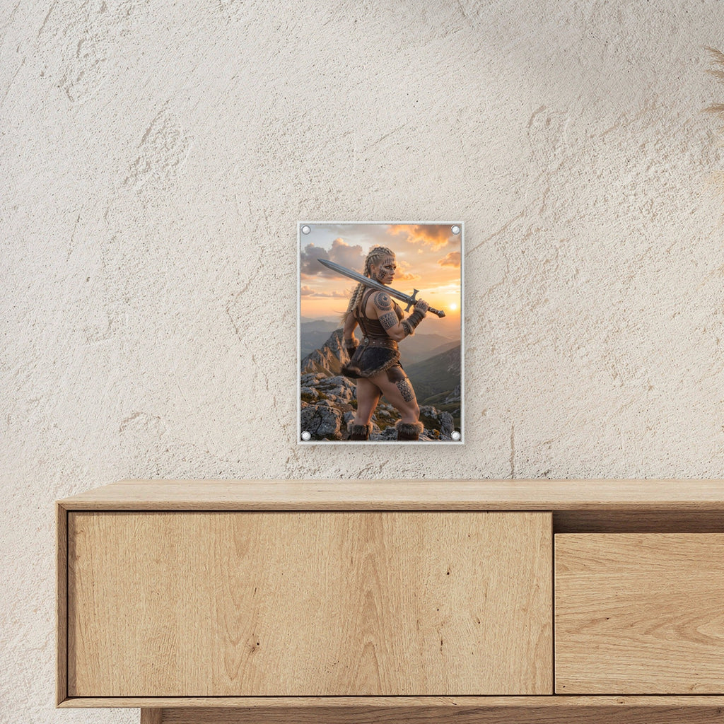 Wacht am Grat – Schildmaid mit Schwert auf dem Bergkamm im Sonnenuntergang, auf Acrylglas mit Edelstahl-Abstandshaltern, über einem Sideboard, zeigt die Größe im Raum