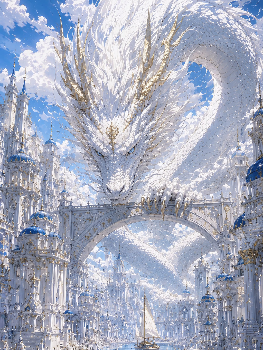 Weiße Drachenstadt — gerahmtes Fantasy Wandbild, Druckausschnitt 3:4