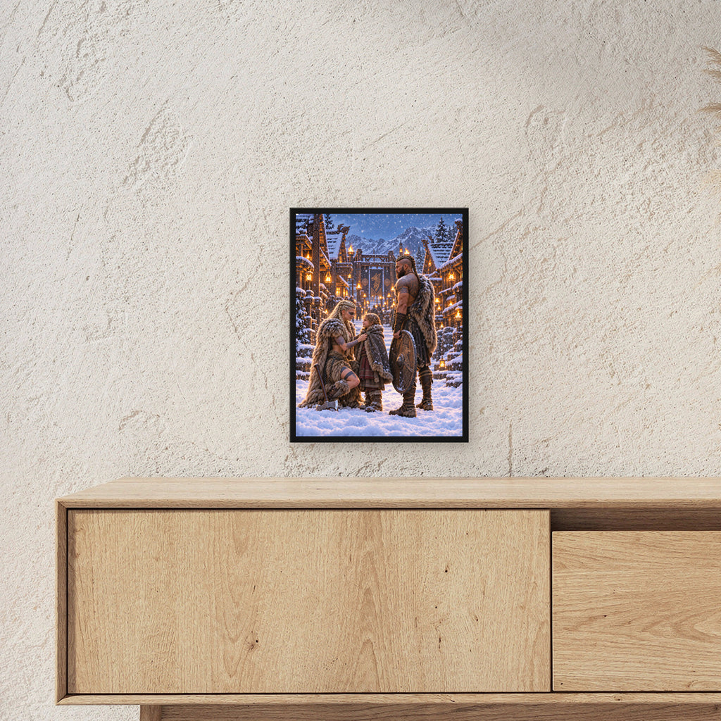 Der Winterbund – Wikingerfamilie in einer verschneiten Siedlung, im schwarzen Holzrahmen, über einem Sideboard, zeigt die Größe im Raum