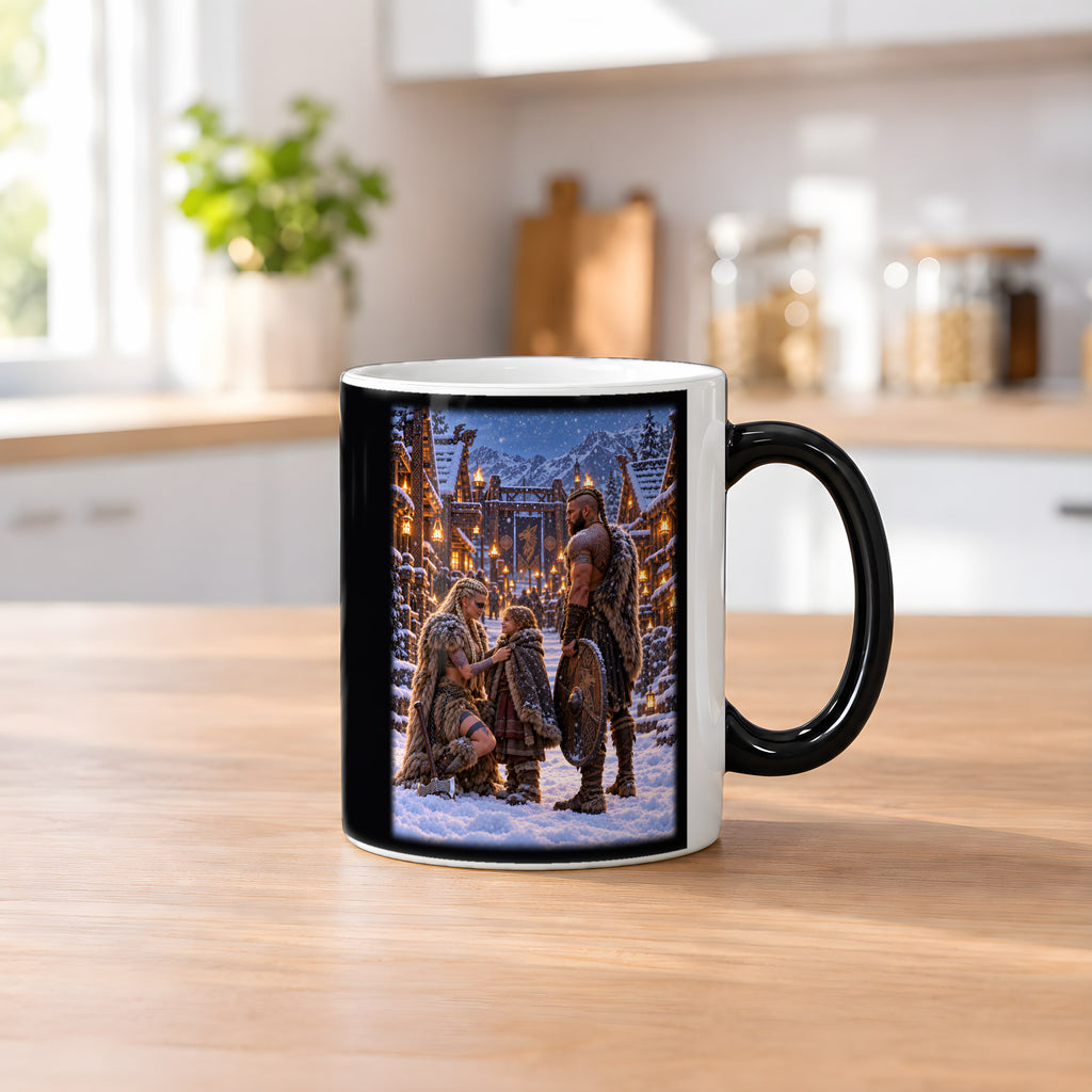 Der Winterbund – Wikingerfamilie in einer verschneiten Siedlung, Black Edition (Zaubertasse), auf einem Küchentresen