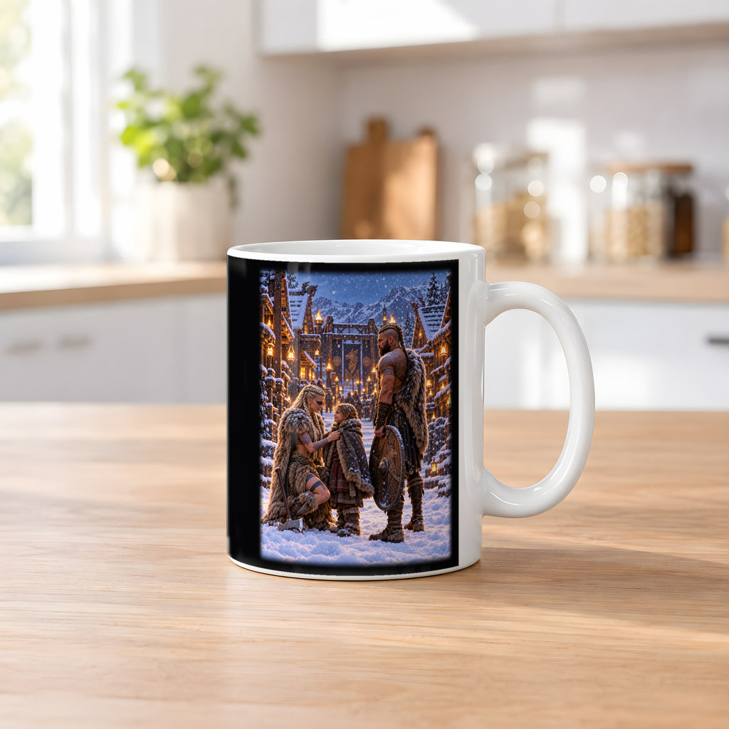Der Winterbund – Wikingerfamilie in einer verschneiten Siedlung, Tasse Weiß, auf einem Küchentresen
