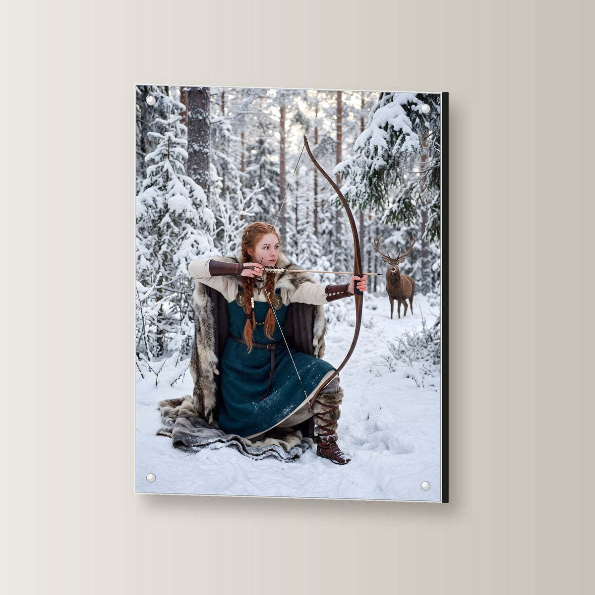 Die Winterjägerin – Rothaarige Bogenschützin zielt im verschneiten Wald, auf Acrylglas mit Abstandshaltern, leicht gedreht an der Wand