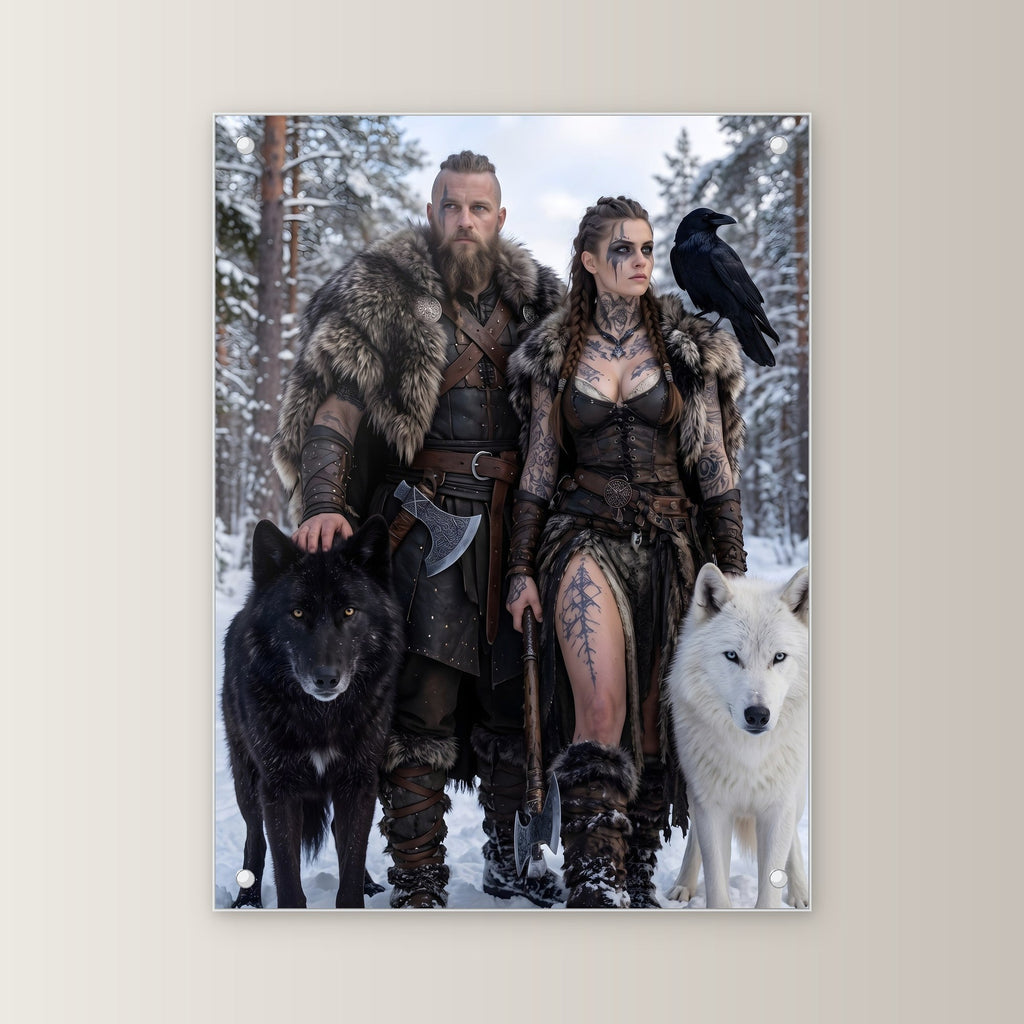 Das Wolfspaar – Wikingerpaar mit schwarzem und weißem Wolf im Schnee, auf Acrylglas mit Abstandshaltern, von vorn an heller Wand