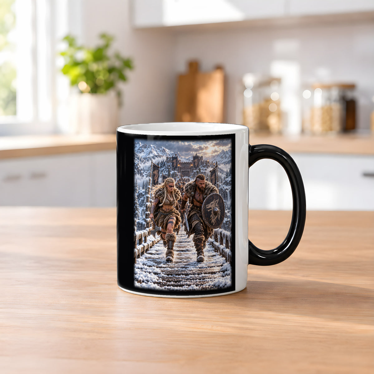 Aufbruch im Schnee – Wikingerpaar auf einer verschneiten Holzbrücke, Black Edition (Zaubertasse), auf einem Küchentresen
