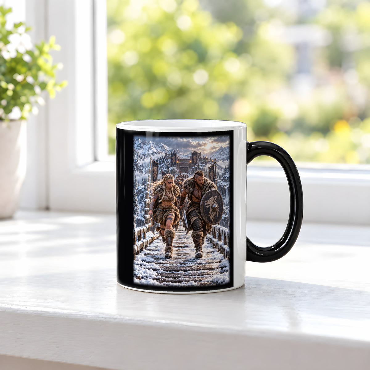 Aufbruch im Schnee – Wikingerpaar auf einer verschneiten Holzbrücke, Black Edition (Zaubertasse), auf einer Fensterbank