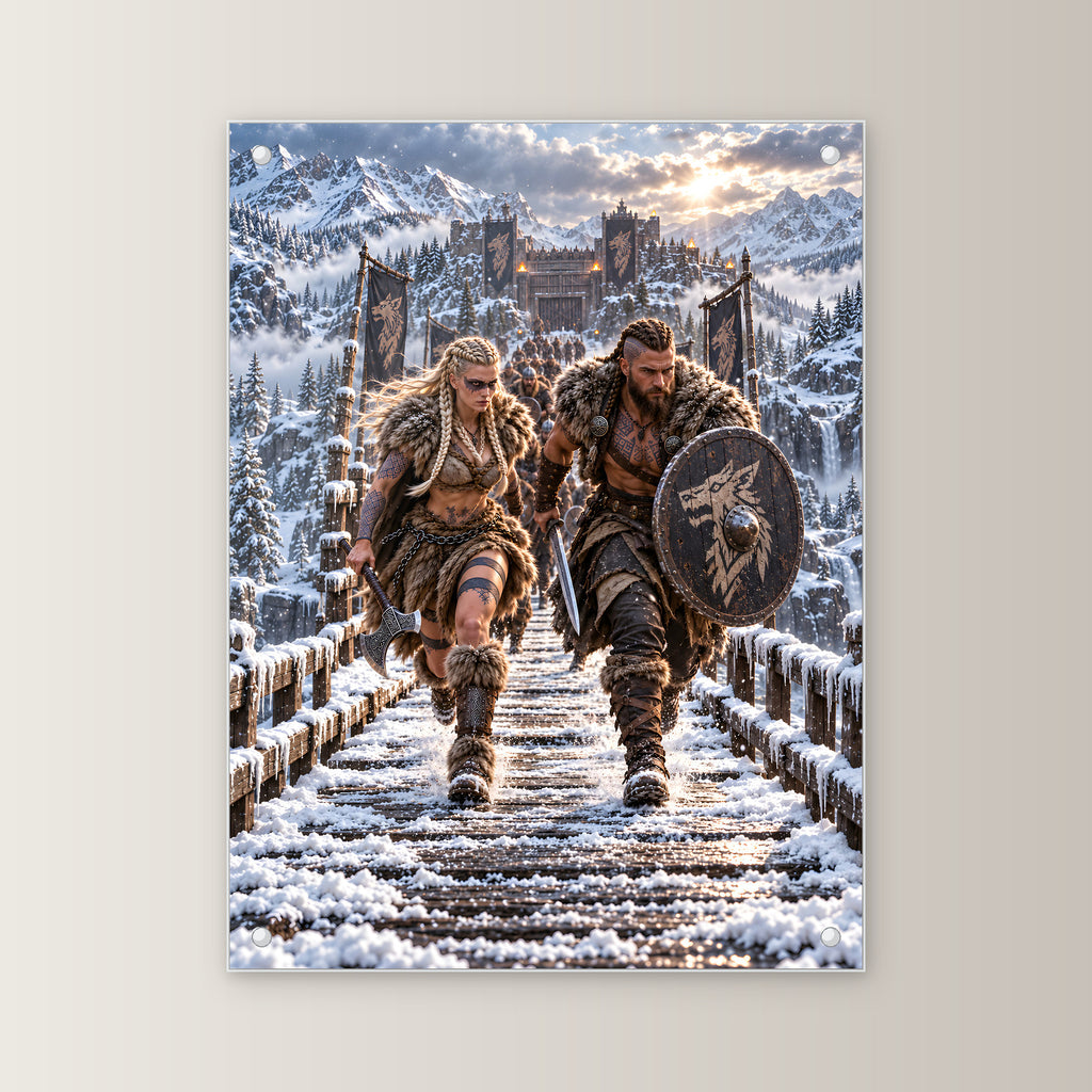 Aufbruch im Schnee – Wikingerpaar auf einer verschneiten Holzbrücke, auf Acrylglas mit vier Abstandshaltern, gerade von vorn an heller Wand