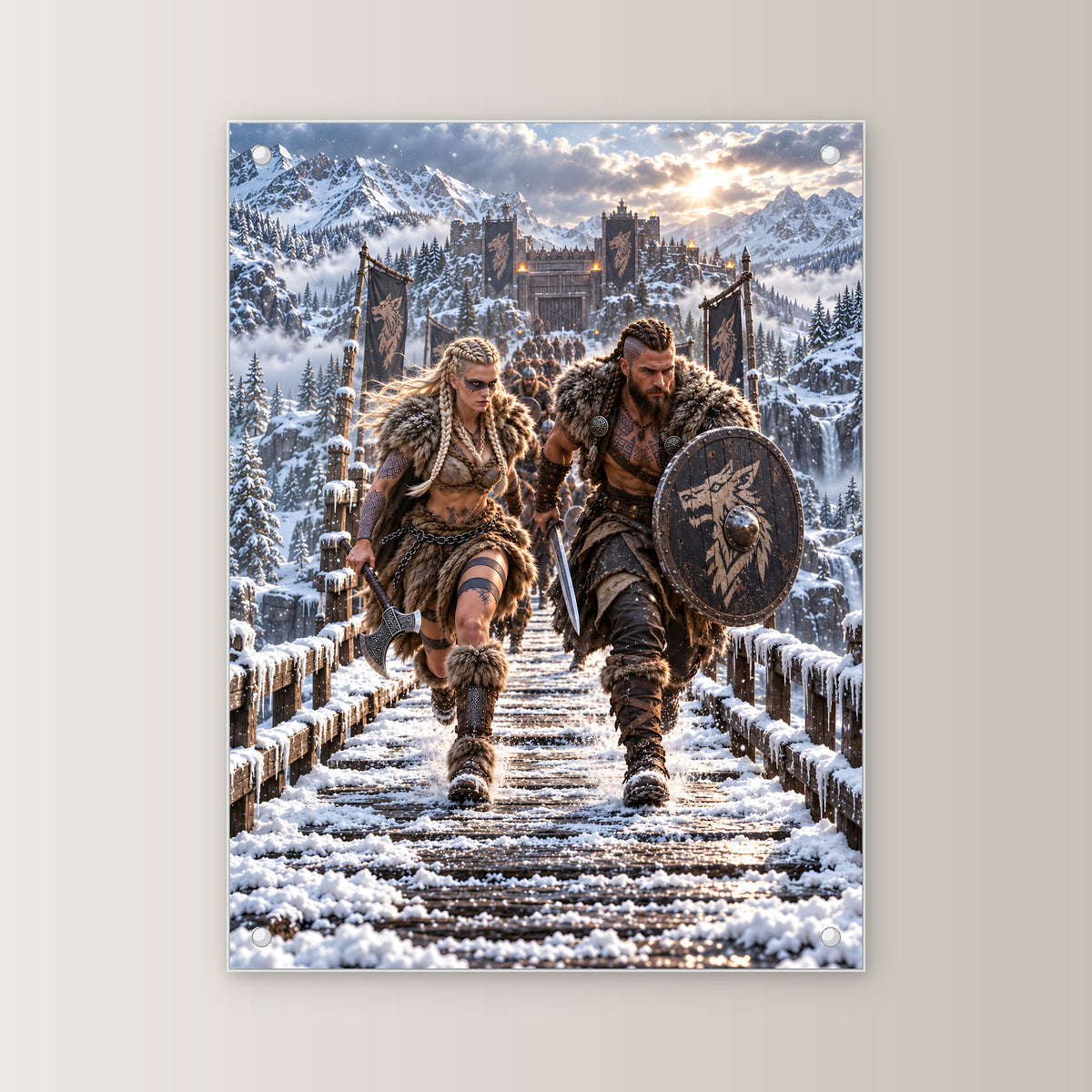 Aufbruch im Schnee – Wikingerpaar auf einer verschneiten Holzbrücke, auf Acrylglas mit vier Abstandshaltern, gerade von vorn an heller Wand