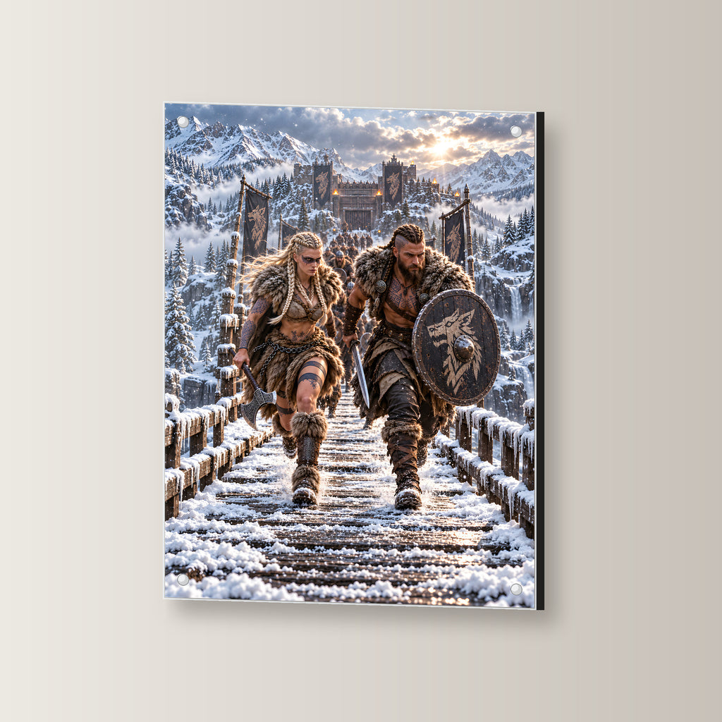Aufbruch im Schnee – Wikingerpaar auf einer verschneiten Holzbrücke, auf Acrylglas mit vier Abstandshaltern, leicht gedreht an der Wand