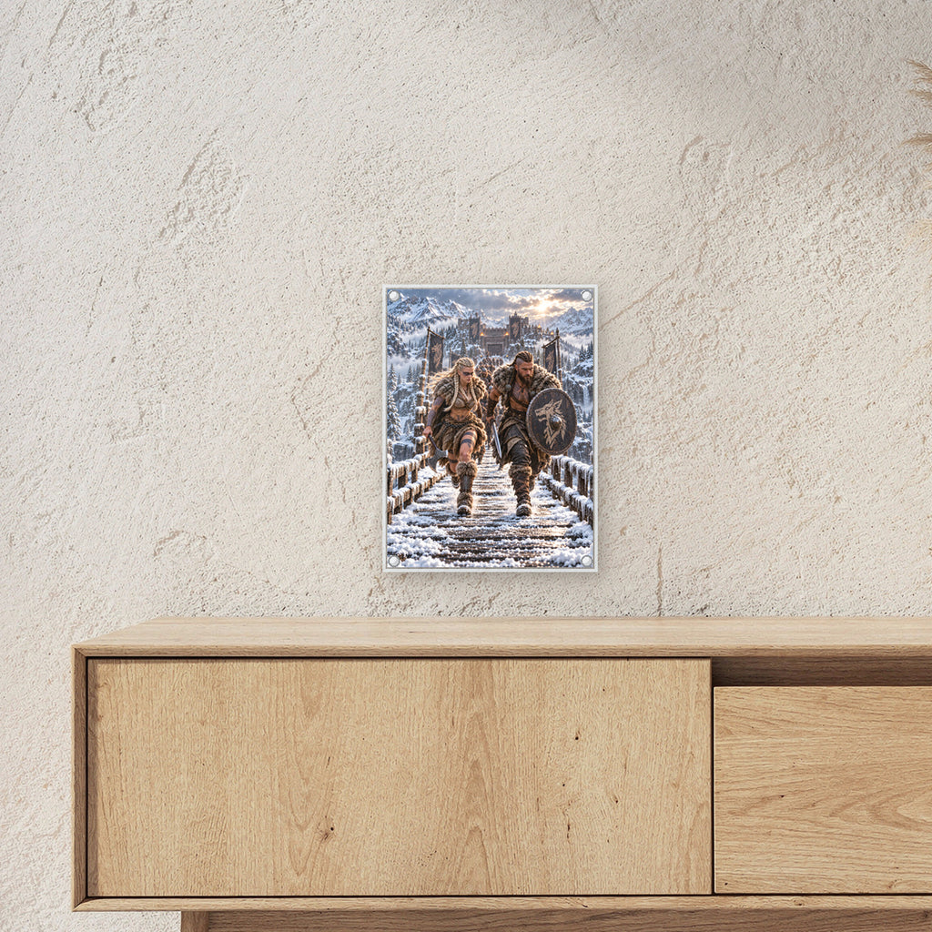 Aufbruch im Schnee – Wikingerpaar auf einer verschneiten Holzbrücke, auf Acrylglas mit vier Abstandshaltern, über einem Sideboard, zeigt die Größe im Raum
