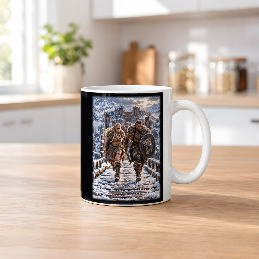 Aufbruch im Schnee – Wikingerpaar auf einer verschneiten Holzbrücke, Tasse Weiß, auf einem Küchentresen