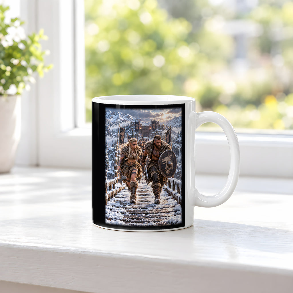 Aufbruch im Schnee – Wikingerpaar auf einer verschneiten Holzbrücke, Tasse Weiß, auf einer Fensterbank
