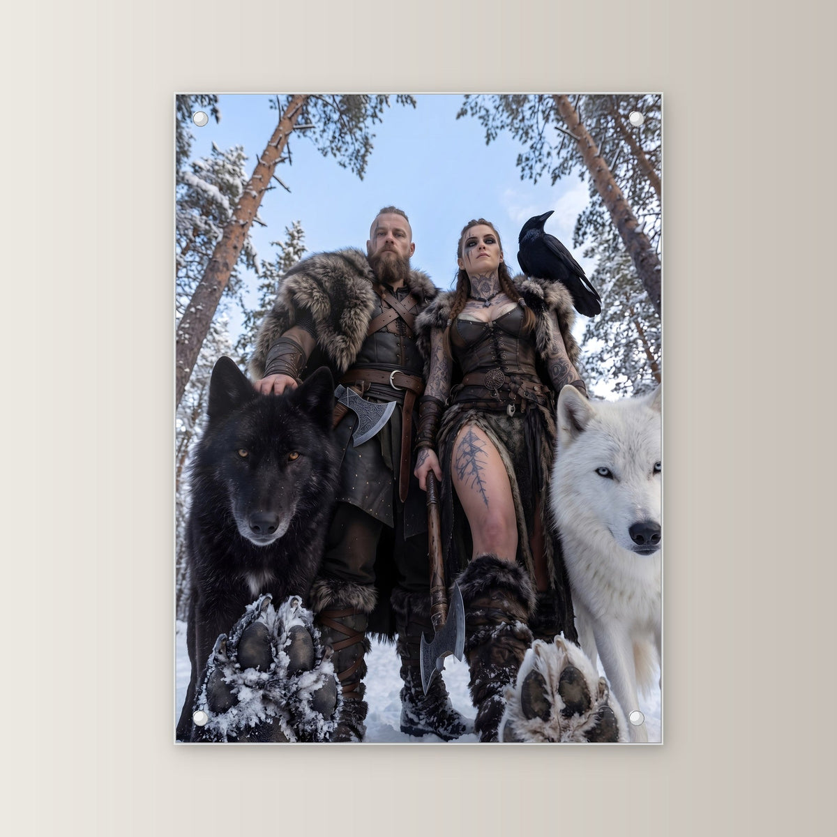 Die Wolfswacht – Wikingerpaar mit zwei Wölfen von unten gesehen, auf Acrylglas mit Abstandshaltern, von vorn an heller Wand
