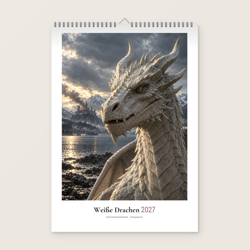 Weiße Drachen Kalender 2027 – Deckblatt in Frontalansicht
