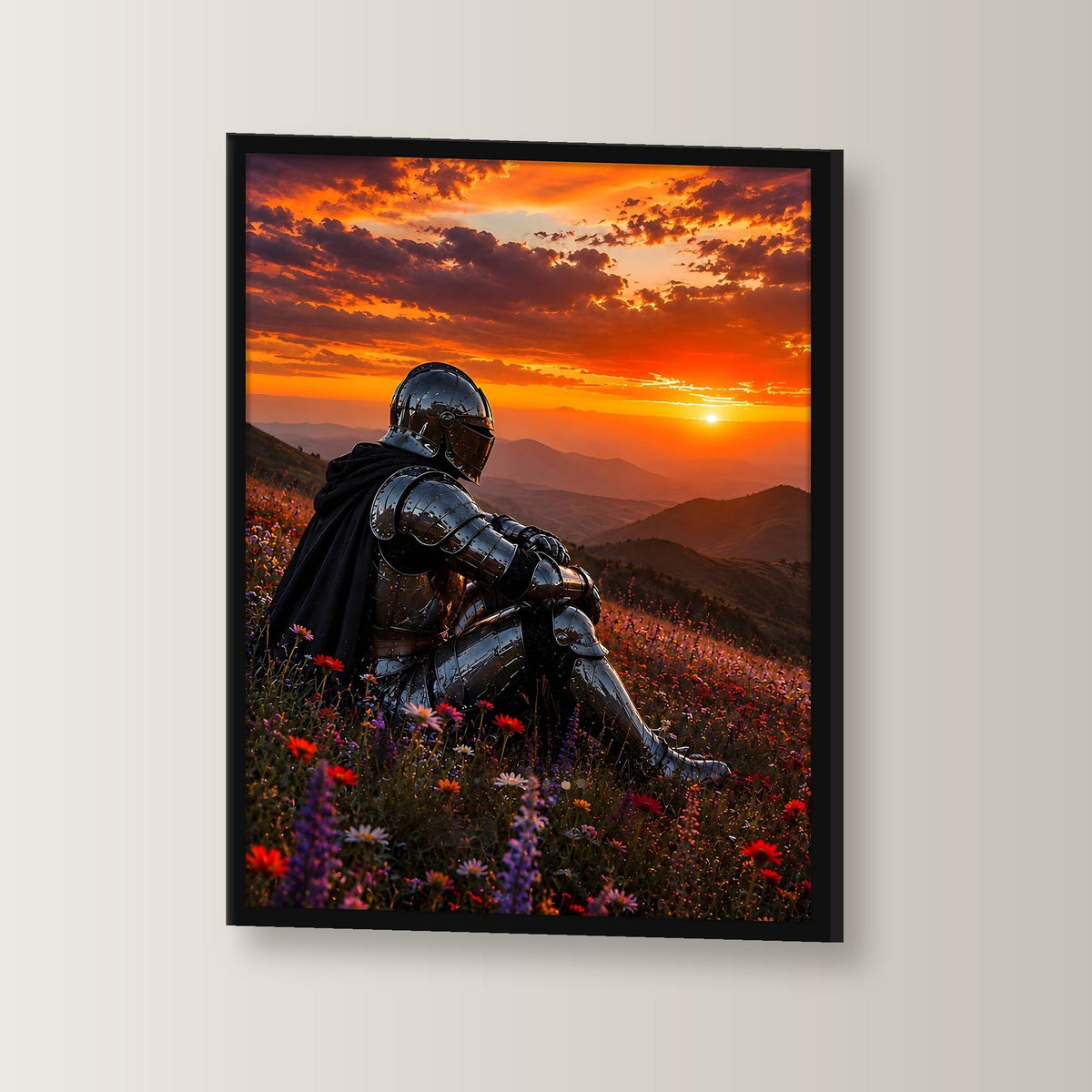 Dark-Fantasy Poster gerahmt im schwarzen Holzrahmen, leicht gedreht an der Wand fotografiert