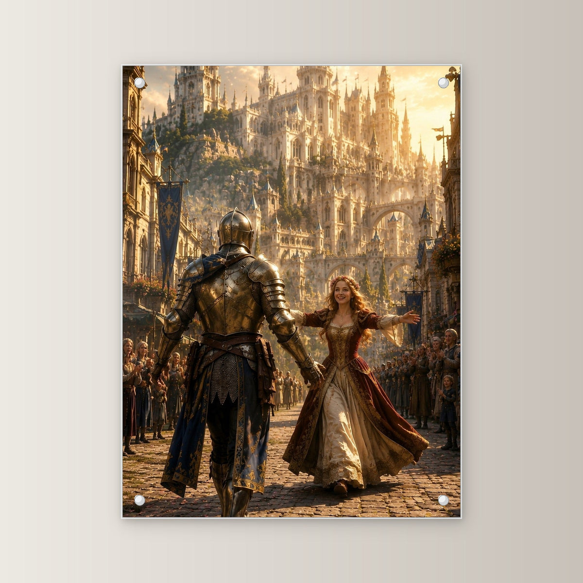 Ritter & Lady, Dark-Fantasy Acrylglasbild auf Acrylglas mit Edelstahl-Abstandshaltern, gerade von vorn an heller Wand