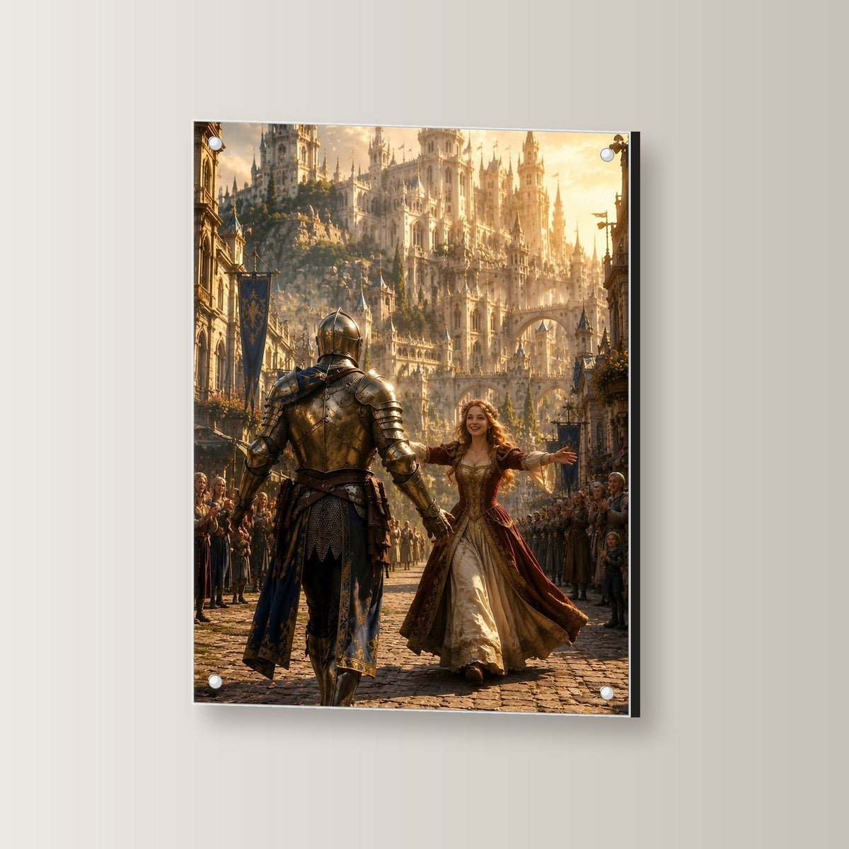 Ritter & Lady, Dark-Fantasy Acrylglasbild auf Acrylglas mit Edelstahl-Abstandshaltern, leicht gedreht an der Wand fotografiert
