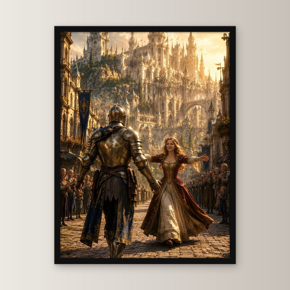 Dark-Fantasy Poster gerahmt im schwarzen Holzrahmen, gerade von vorn an heller Wand