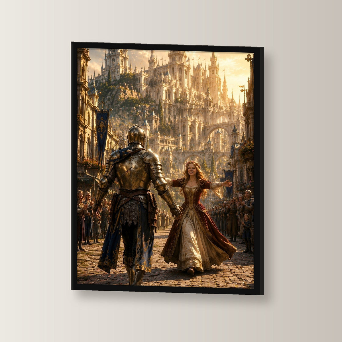 Dark-Fantasy Poster gerahmt im schwarzen Holzrahmen, leicht gedreht an der Wand fotografiert