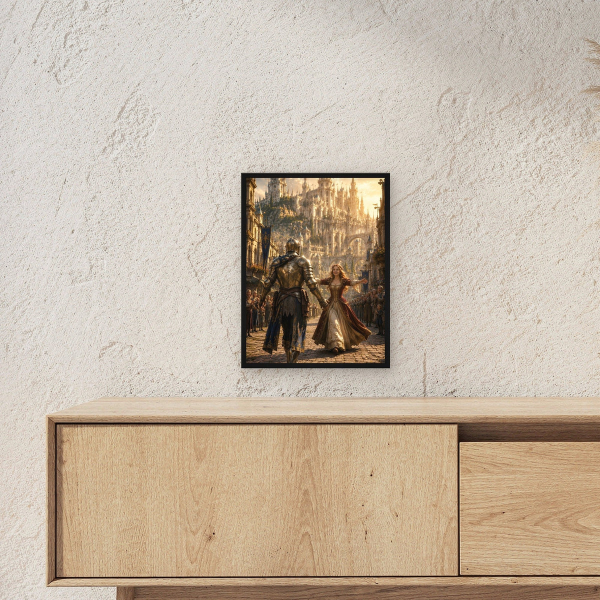 Dark-Fantasy Poster gerahmt im schwarzen Holzrahmen ueber einem Sideboard, zeigt die Groesse im Raum
