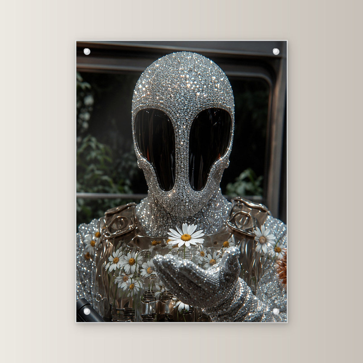 Surreale Figur mit Blumen, Acrylglasbild auf Acrylglas mit Edelstahl-Abstandshaltern, gerade von vorn an heller Wand