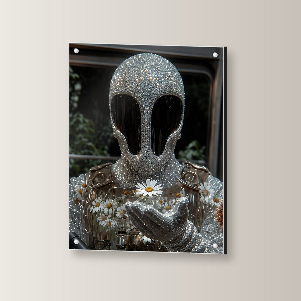Surreale Figur mit Blumen, Acrylglasbild auf Acrylglas mit Edelstahl-Abstandshaltern, leicht gedreht an der Wand fotografiert