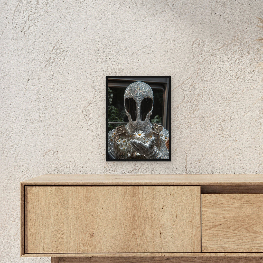 Surreal Poster gerahmt im schwarzen Holzrahmen ueber einem Sideboard, zeigt die Groesse im Raum