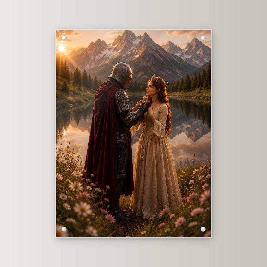 Ritter & Lady, Acrylglasbild auf Acrylglas mit Edelstahl-Abstandshaltern, gerade von vorn an heller Wand