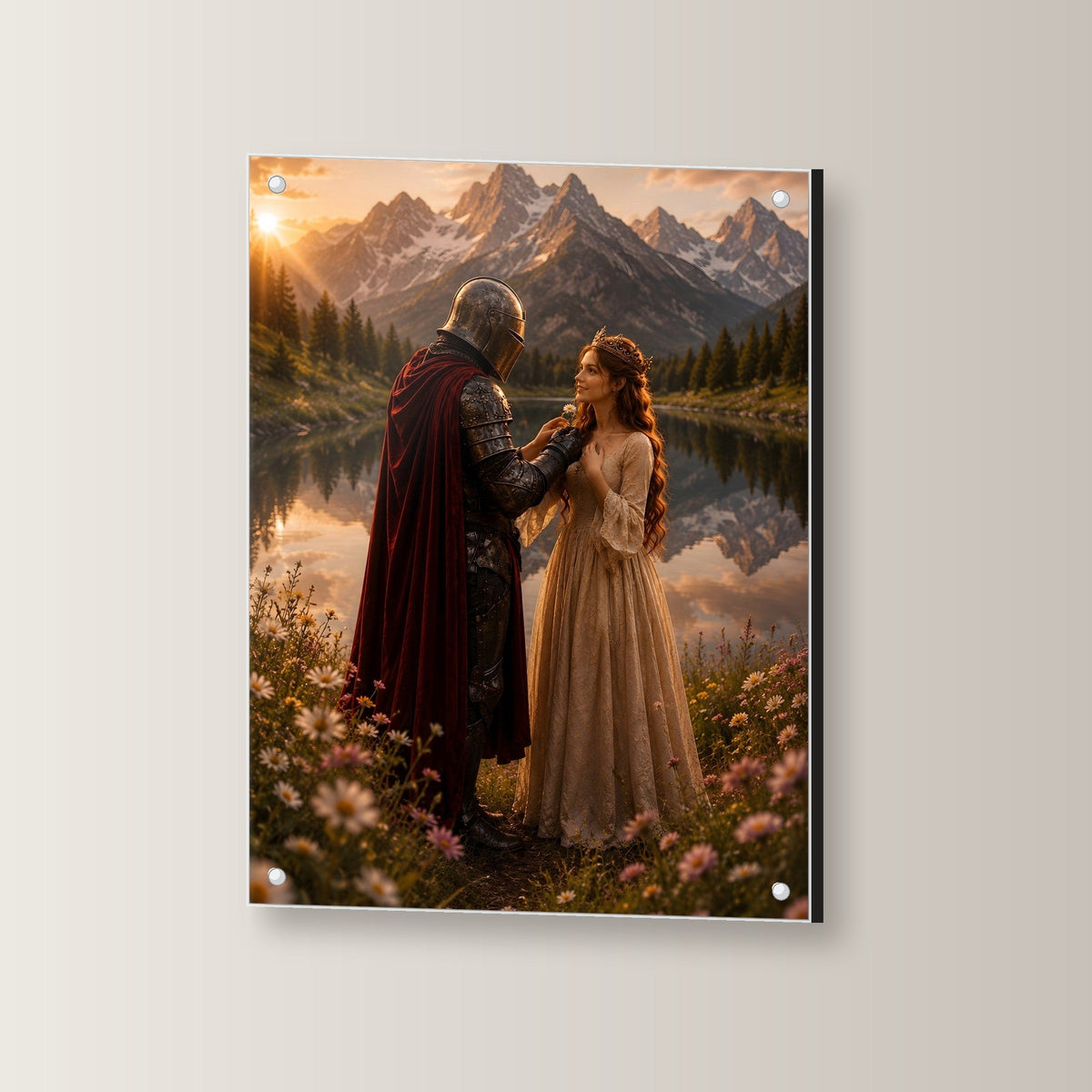 Ritter & Lady, Acrylglasbild auf Acrylglas mit Edelstahl-Abstandshaltern, leicht gedreht an der Wand fotografiert