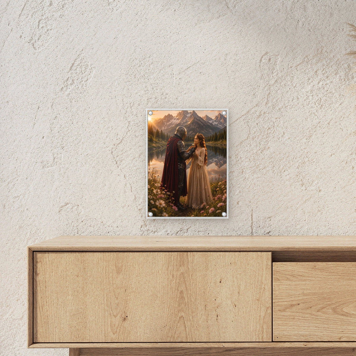 Ritter & Lady, Acrylglasbild auf Acrylglas mit Edelstahl-Abstandshaltern ueber einem Sideboard, zeigt die Groesse im Raum