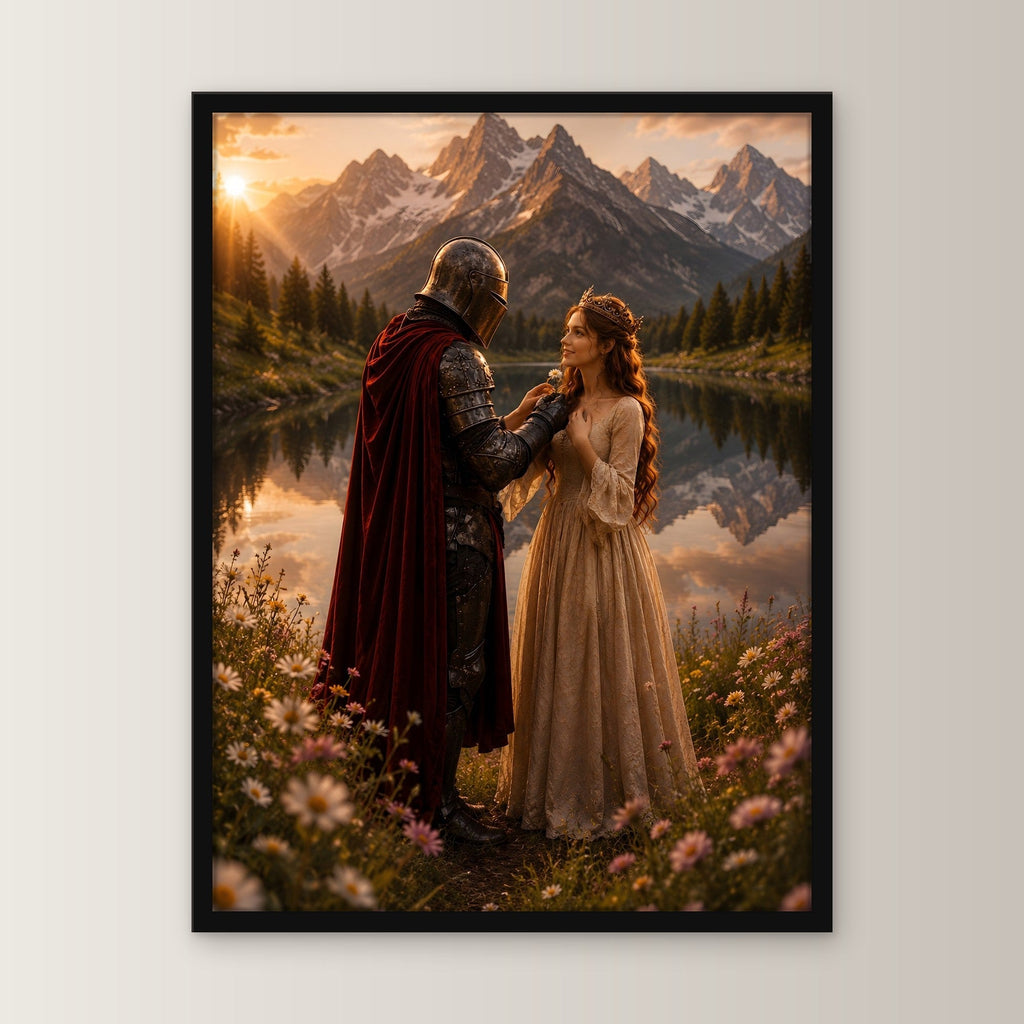Ritter & Lady, Poster gerahmt im schwarzen Holzrahmen, gerade von vorn an heller Wand